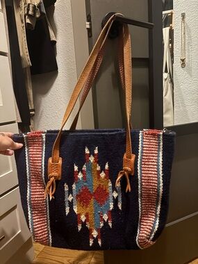 Boho Navajo Pattern Tote Bag in Navy with Leather Straps